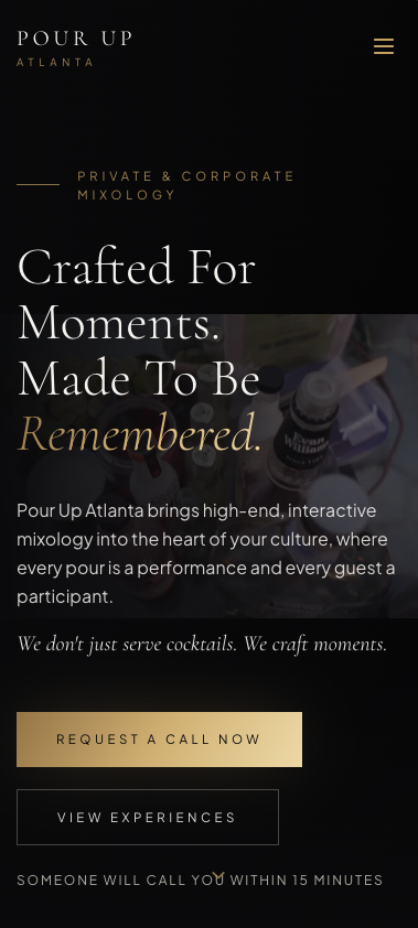 Pour Up Atlanta mobile website showing its mixology experience.