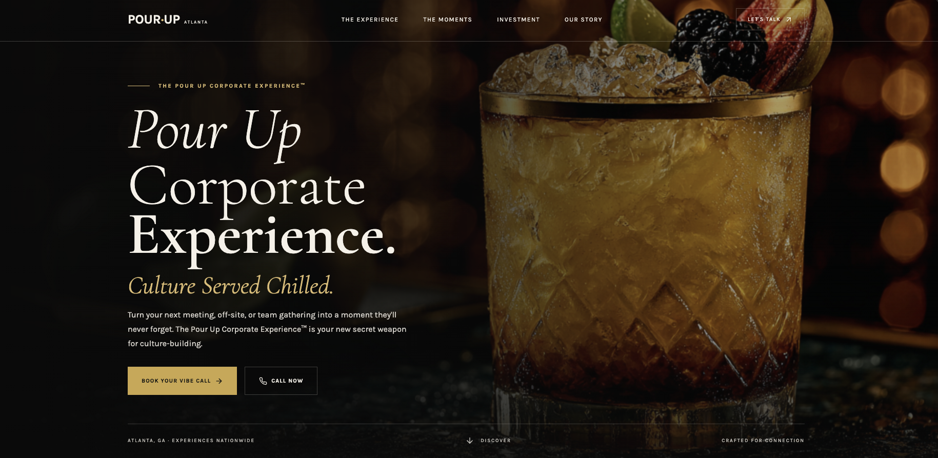 Pour Up Atlanta desktop website, featuring a cocktail and the corporate experience.